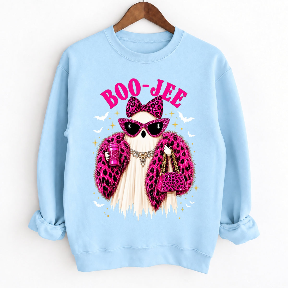 Boo-Jee Ghost Funny Boujee Halloween Pink Leopard Crewneck