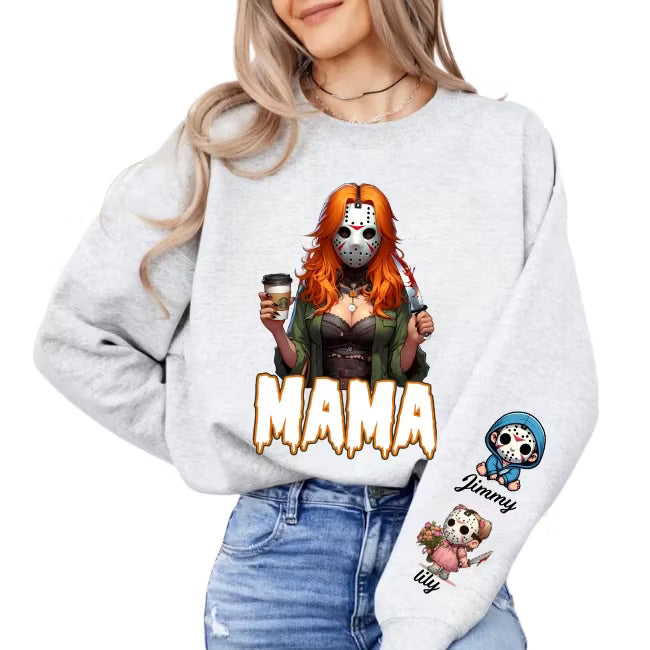 Horror MAMA Sweatshirt with Kid's Names on the Sleeve