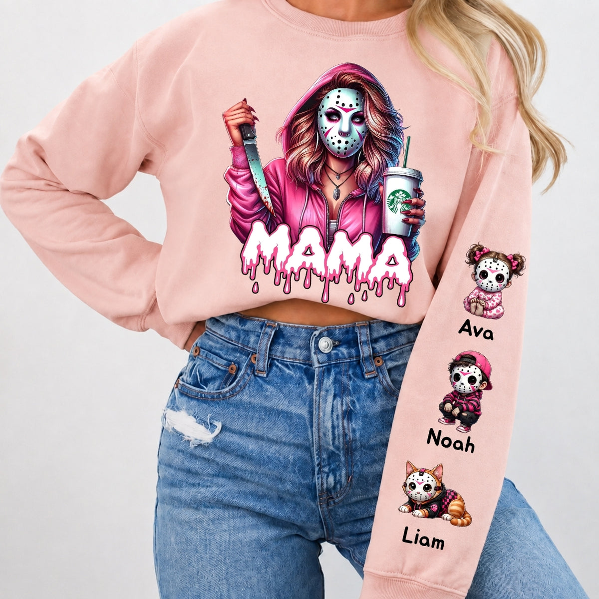 Horror MAMA with Kid's Names on the Sleeves Unisex Sweatshirt