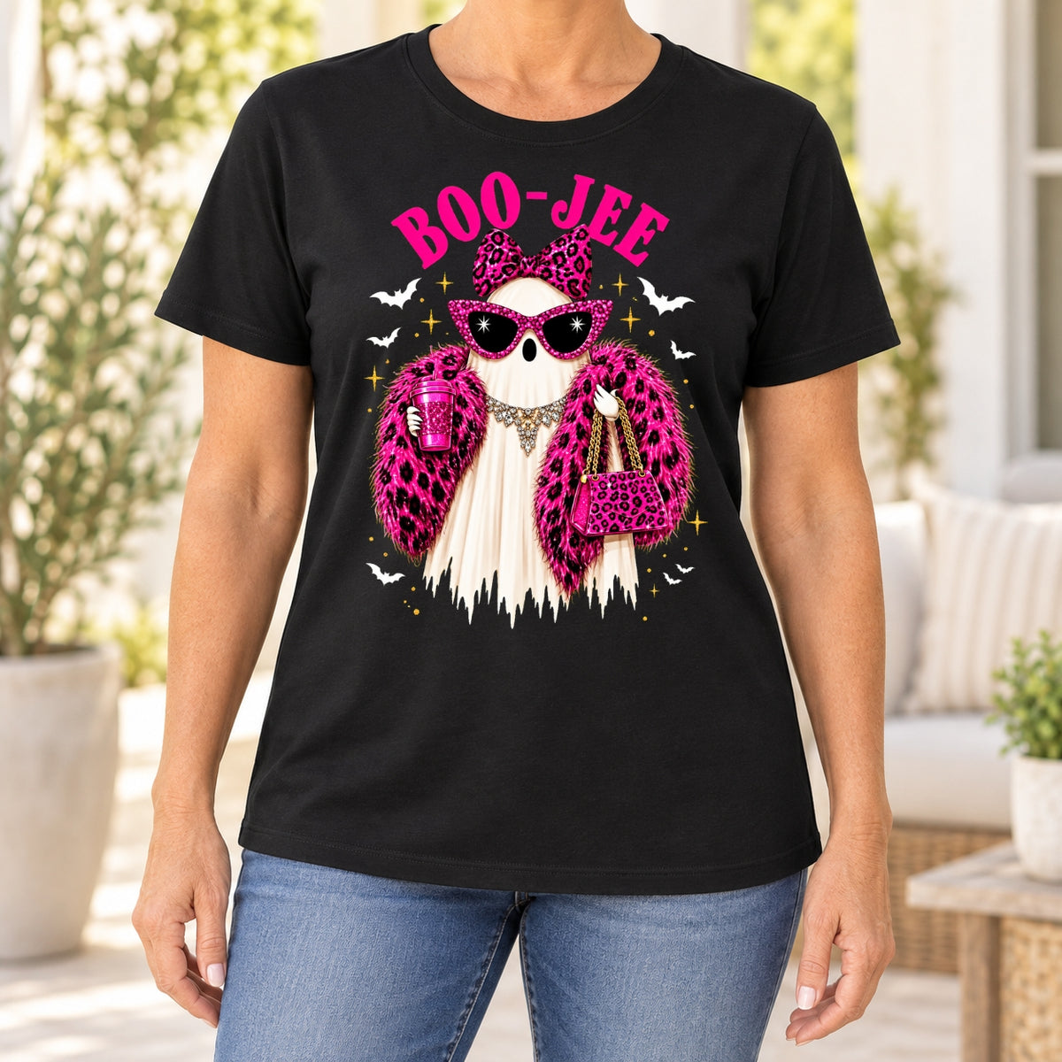 Funny Boujee Halloween Pink Leopard T-Shirt