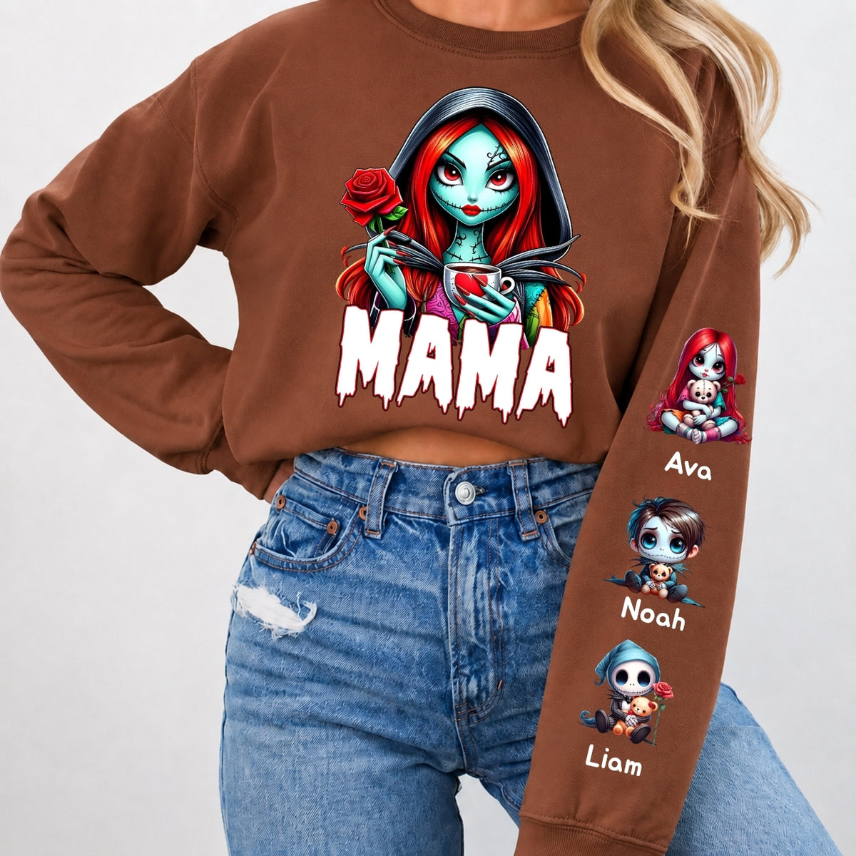 Horror MAMA Sweatshirt with Kid's Names on the Sleeve