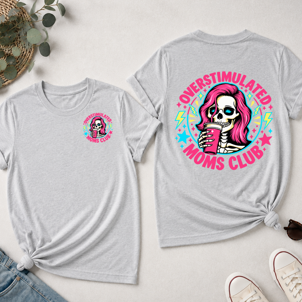Overstimulated Moms Club Shirt - Retro Skeleton Mom Coffee Tee