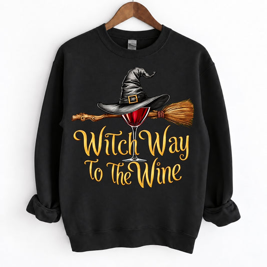 Funny Halloween Wine Lover Witch Way To The Wine Crewneck