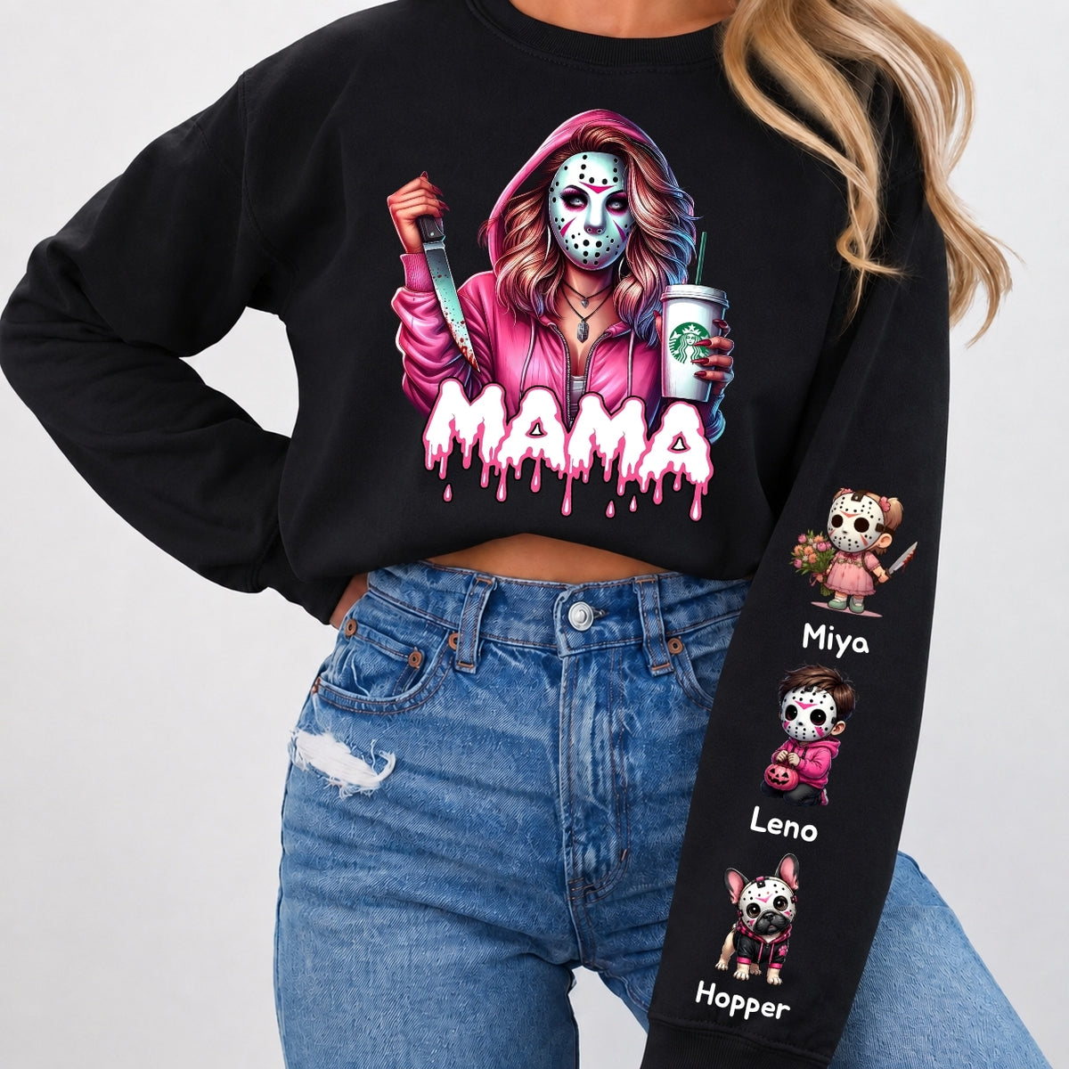 Horror MAMA with Kid's Names on the Sleeves Unisex Sweatshirt