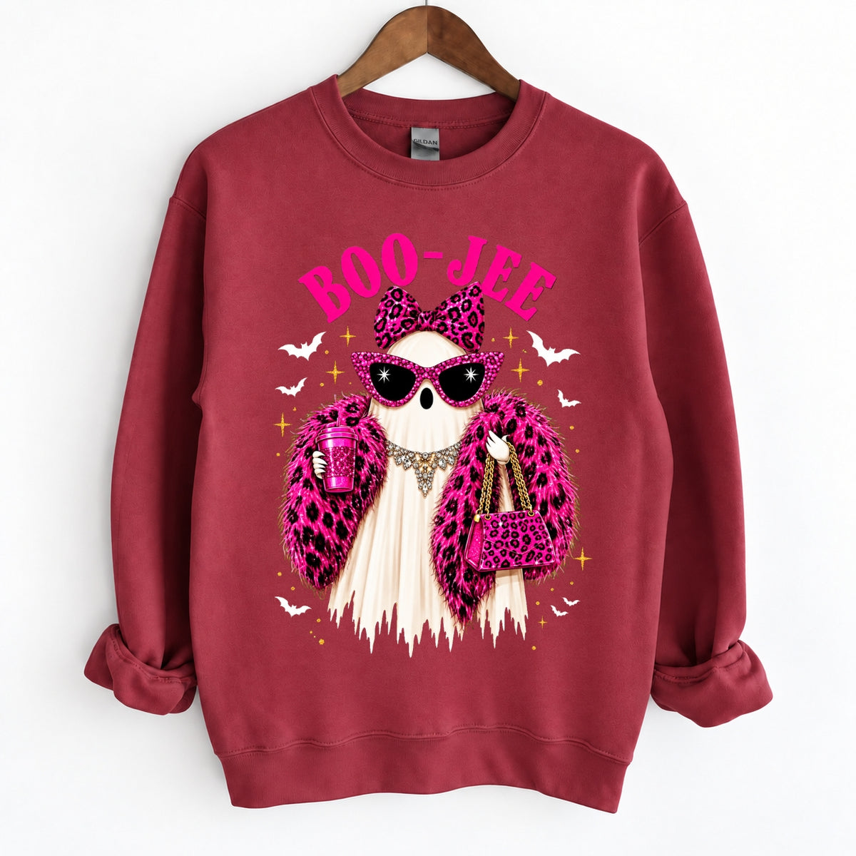 Boo-Jee Ghost Funny Boujee Halloween Pink Leopard Crewneck