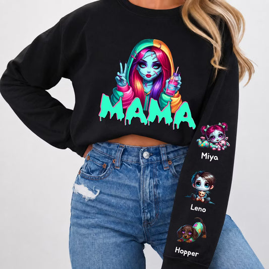 Custom Halloween MAMA Sweatshirt with Names on the Sleeve