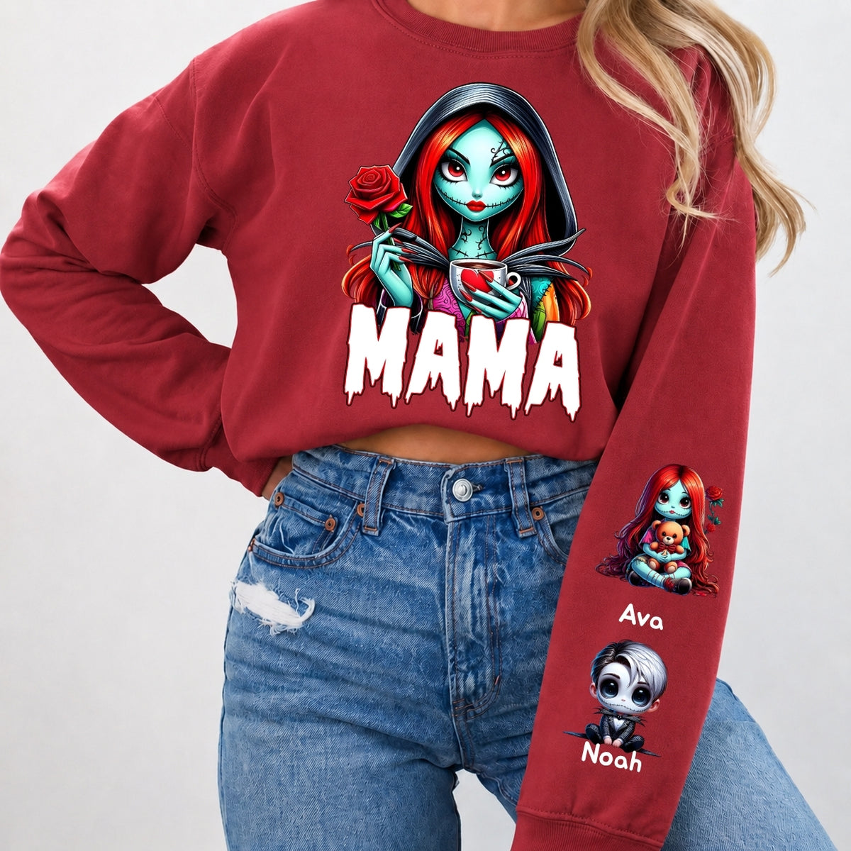 Horror MAMA Sweatshirt with Kid's Names on the Sleeve