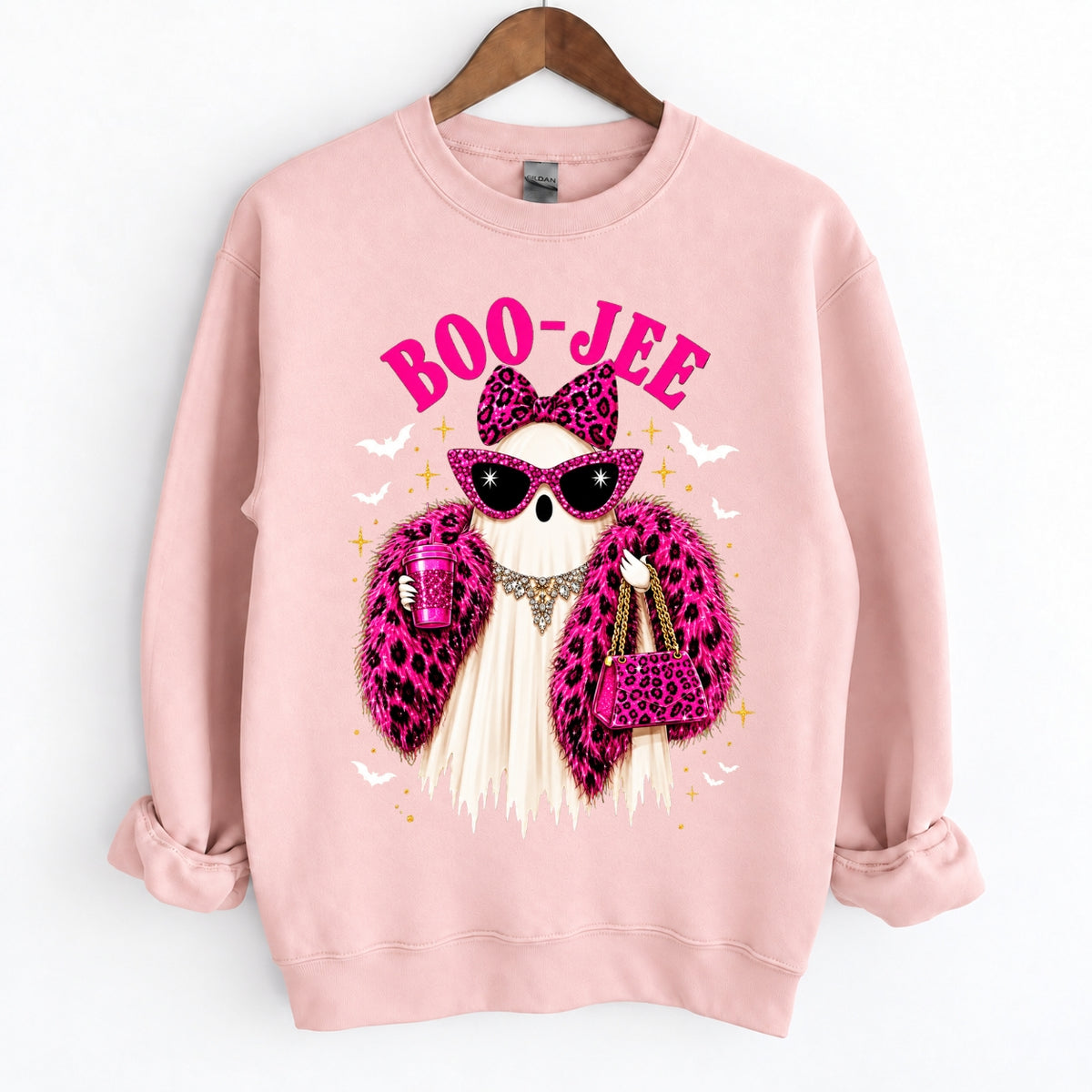 Boo-Jee Ghost Funny Boujee Halloween Pink Leopard Crewneck