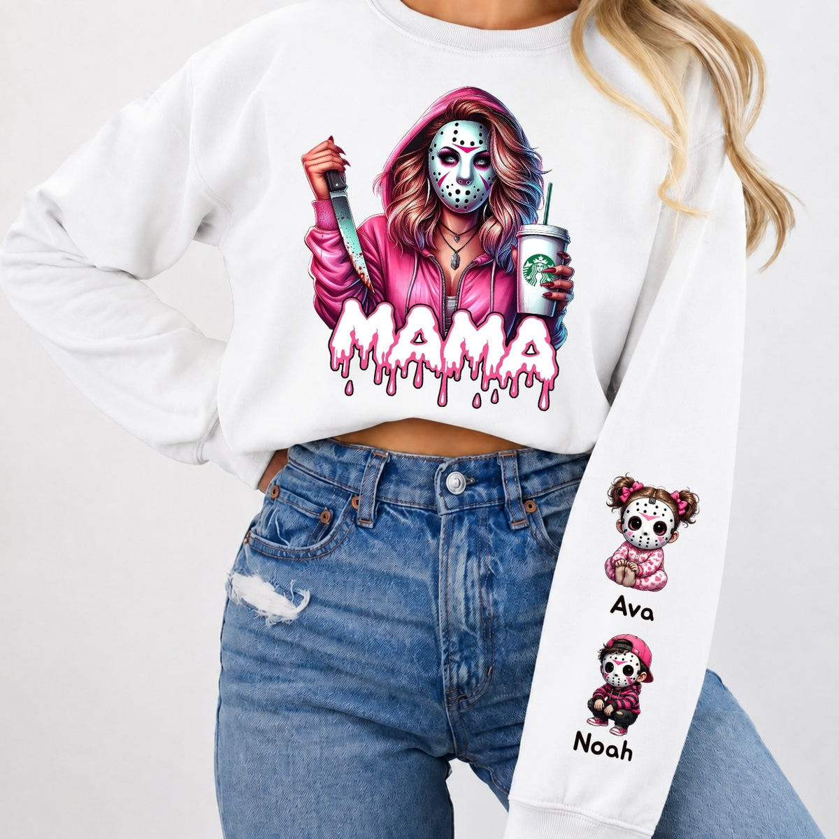 Horror MAMA with Kid's Names on the Sleeves Unisex Sweatshirt