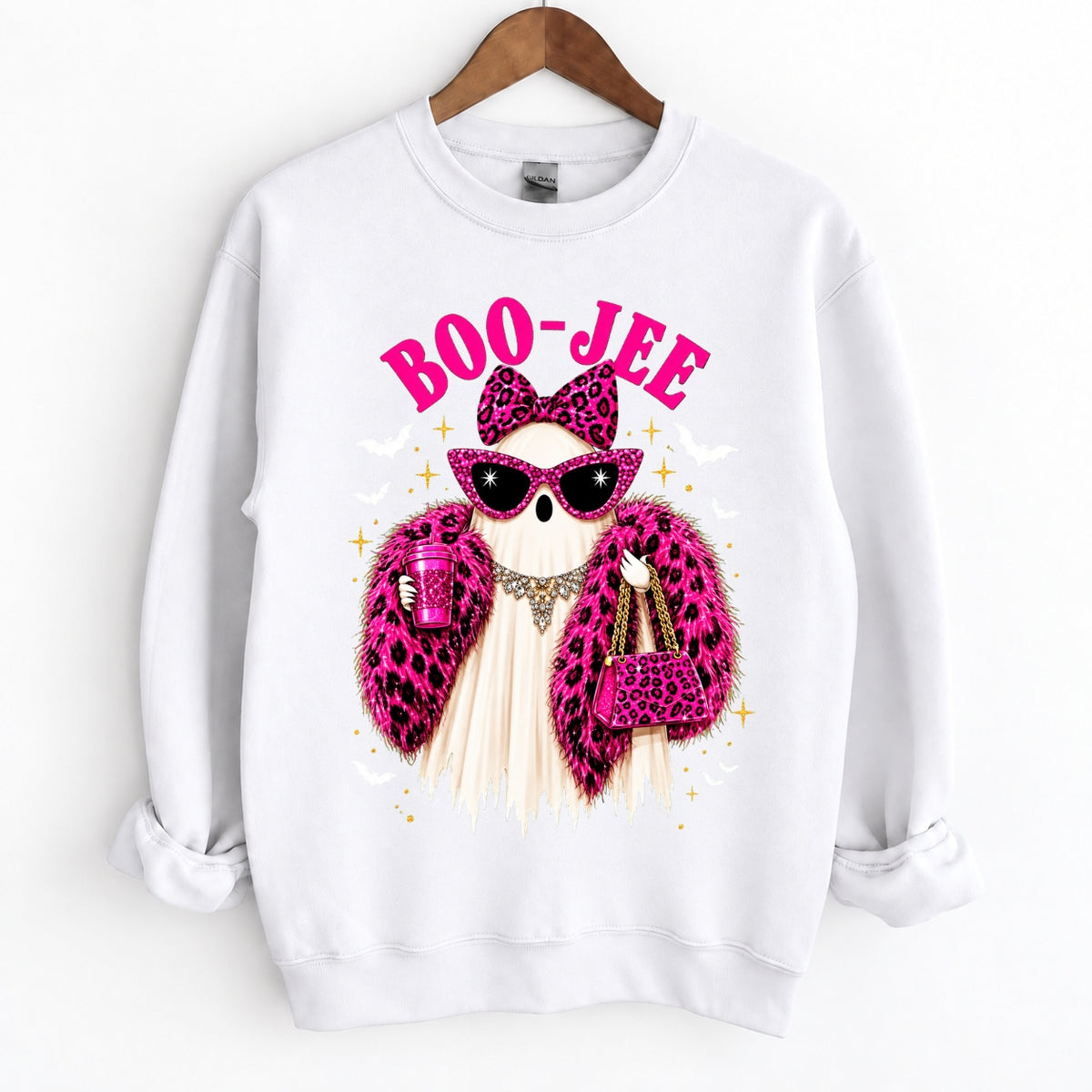 Boo-Jee Ghost Funny Boujee Halloween Pink Leopard Crewneck
