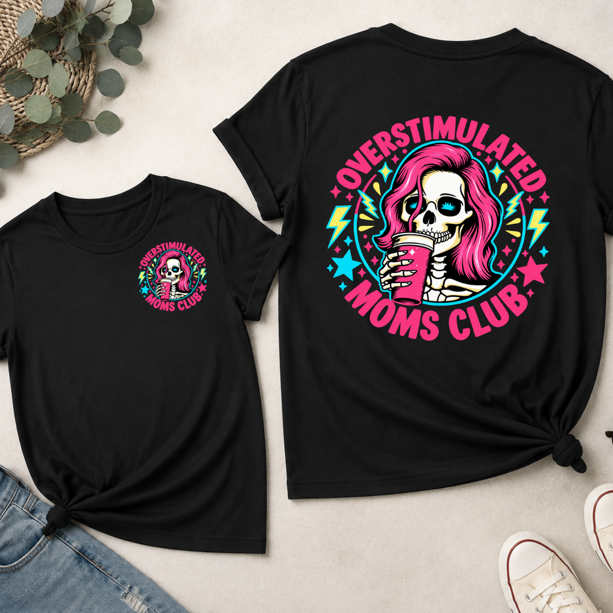 Overstimulated Moms Club Shirt - Retro Skeleton Mom Coffee Tee