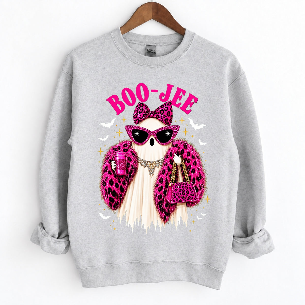 Boo-Jee Ghost Funny Boujee Halloween Pink Leopard Crewneck