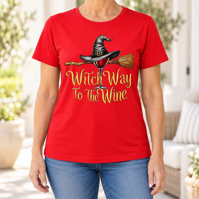 Funny Halloween Wine Lover Witch Way To The Wine T-Shirt