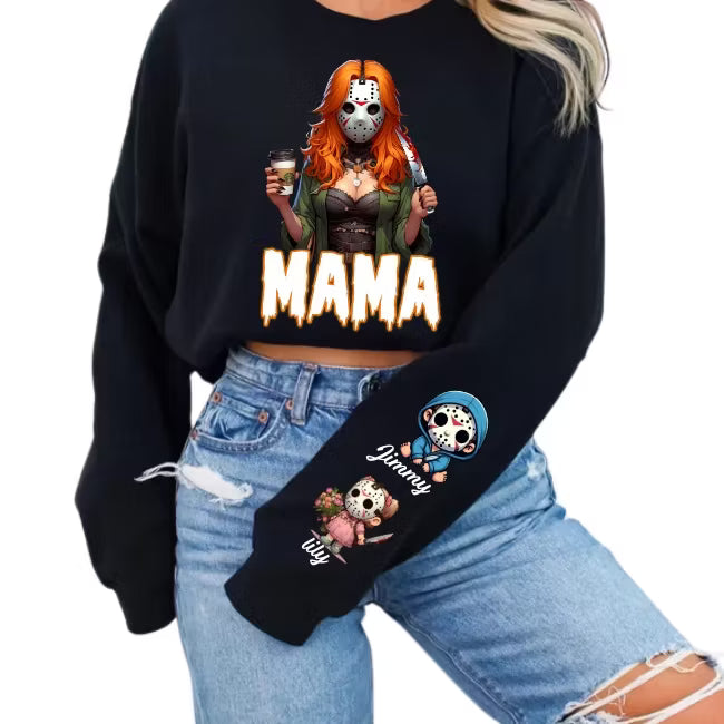 Horror MAMA Sweatshirt with Kid's Names on the Sleeve