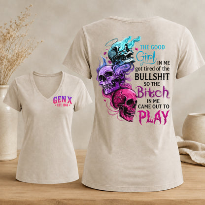 Personalized Gen X Good Girl Gone Bad Skull Woman's V-neck