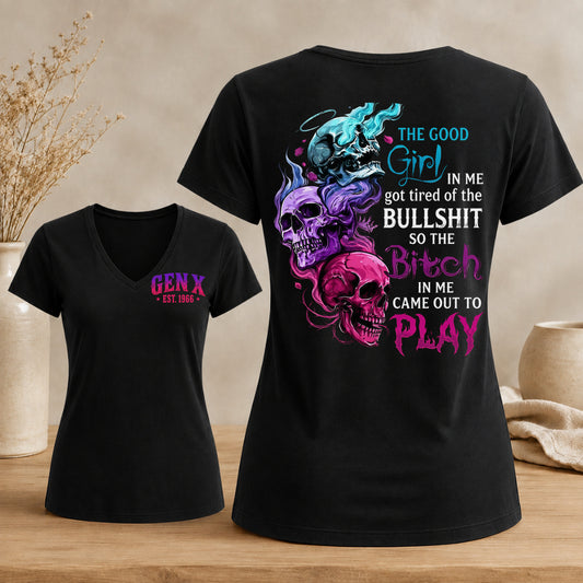 Personalized Gen X Good Girl Gone Bad Skull Woman's V-neck