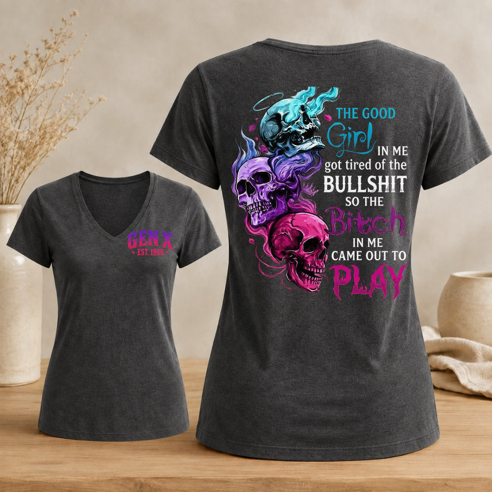 Personalized Gen X Good Girl Gone Bad Skull Woman's V-neck