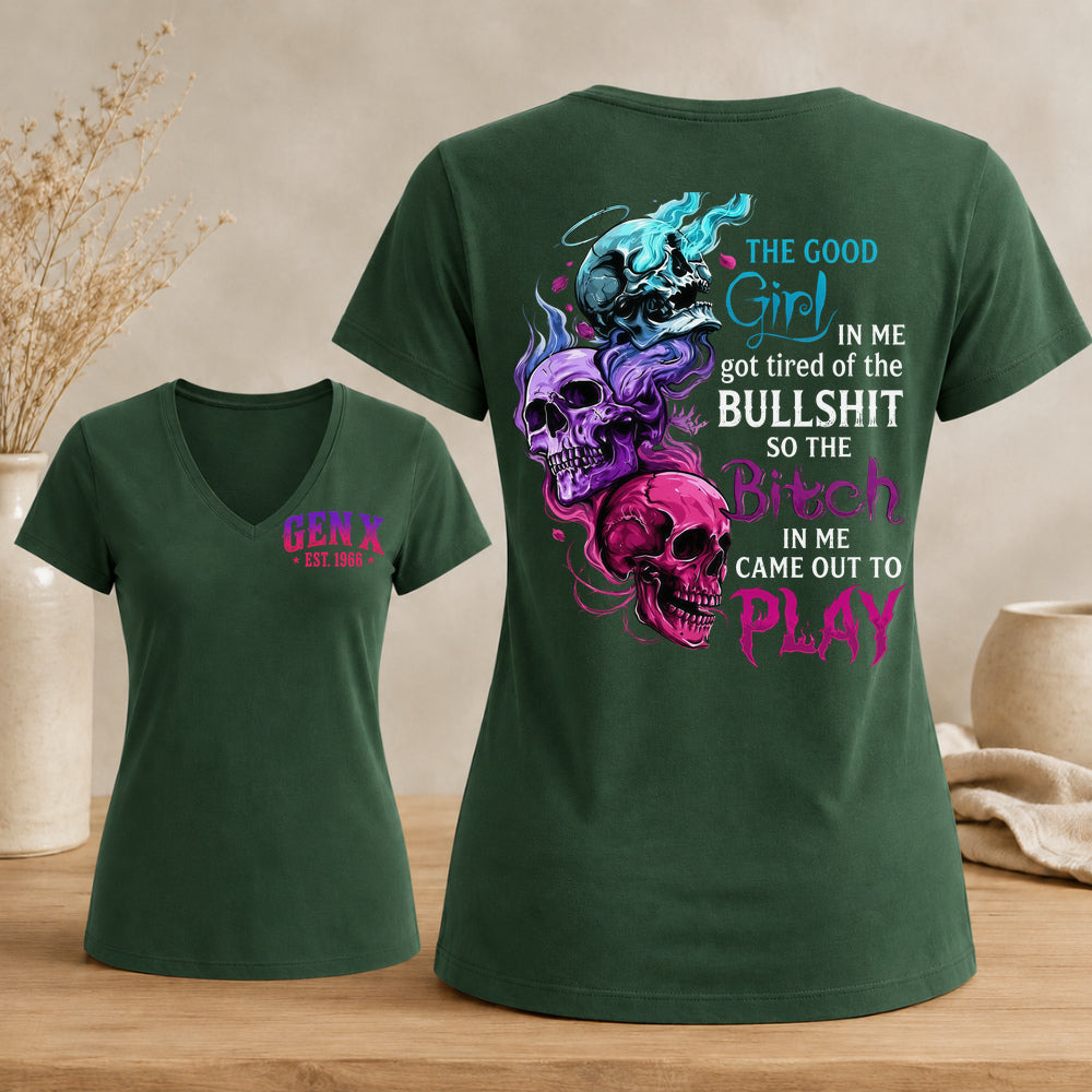 Personalized Gen X Good Girl Gone Bad Skull Woman's V-neck