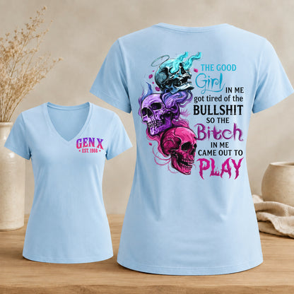 Personalized Gen X Good Girl Gone Bad Skull Woman's V-neck