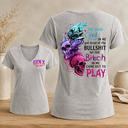 Personalized Gen X Good Girl Gone Bad Skull Woman's V-neck