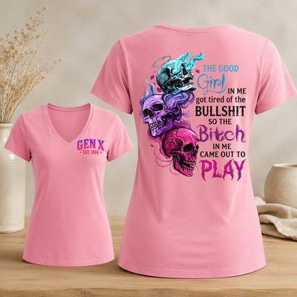Personalized Gen X Good Girl Gone Bad Skull Woman's V-neck