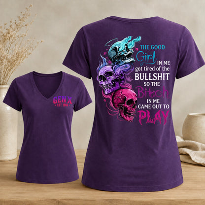 Personalized Gen X Good Girl Gone Bad Skull Woman's V-neck