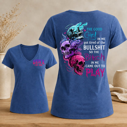 Personalized Gen X Good Girl Gone Bad Skull Woman's V-neck