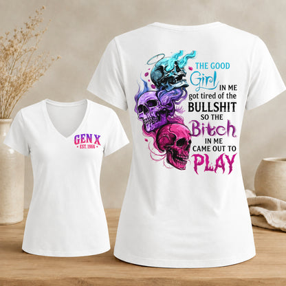 Personalized Gen X Good Girl Gone Bad Skull Woman's V-neck