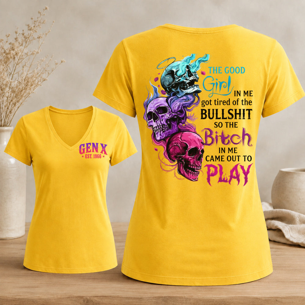 Personalized Gen X Good Girl Gone Bad Skull Woman's V-neck